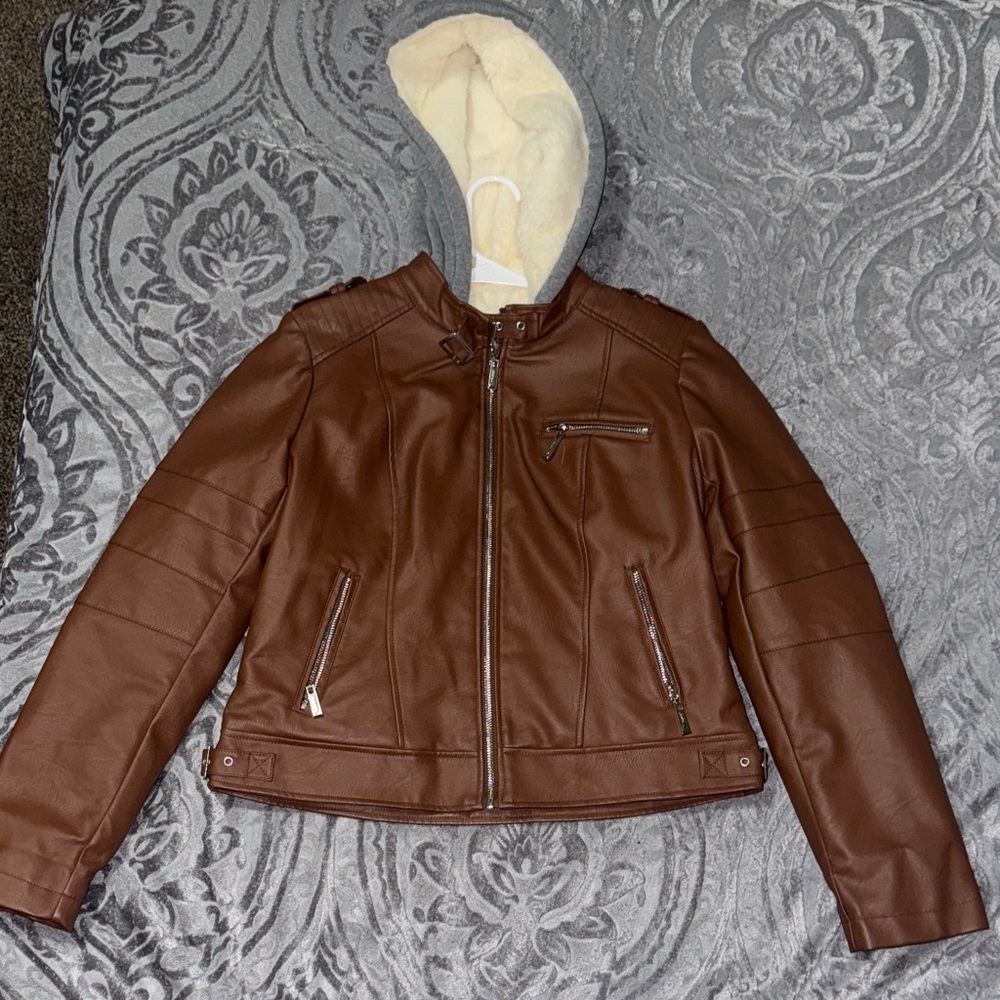 Jou Jou Brown Leather Jacket with Cream Hood